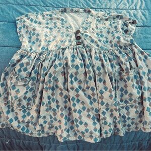 Free People Cream/Blue/Brown Diamond Print Smock Mini Baby Doll Dress Size L